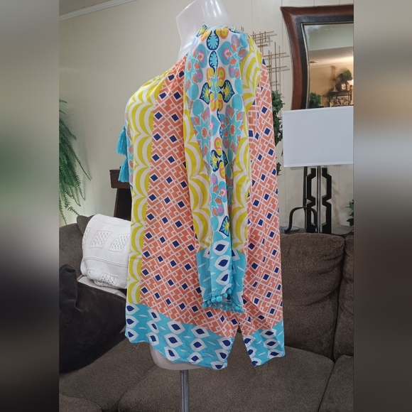 Ruby Rd. Bohemian Top Tassel Tie Neck Colorful Beach Vibe Peasant 3/4 Sleeves - Picture 3 of 10